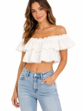 Mable Size Small White White Ruffled Embroidered Lace Off Shoulder Crop Boho Top